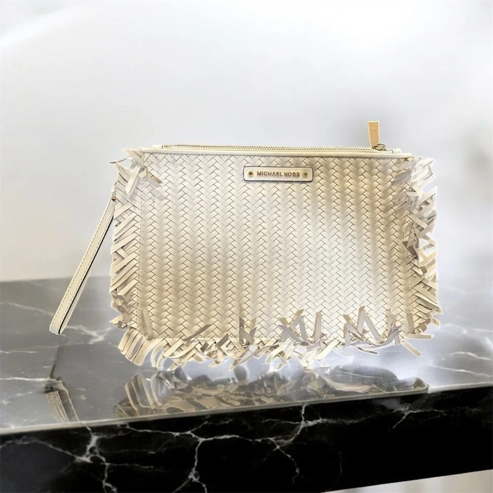 Michael Kors Jet Set Woven Leather Large Zip Pouch Clutch Wristlet in white